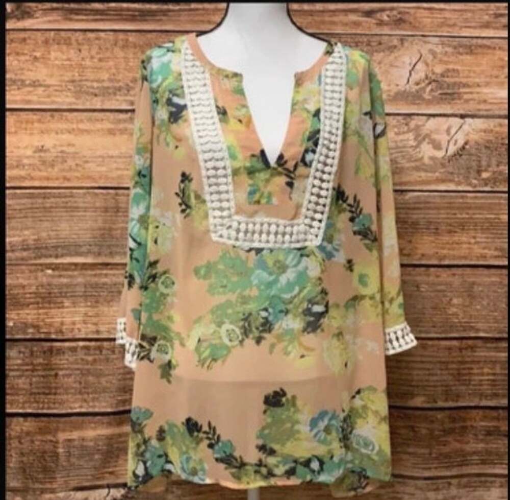 Daniel Rainn Women's 1X 3/4 Sleeve Blouse Tunic Crochet Trim Floral Multicolor